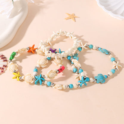 Unisex Marine Style Bracelet Featuring Tortoise Pattern And Turquoise Beads On Elastic String With Beaded Chain Craftsmanship