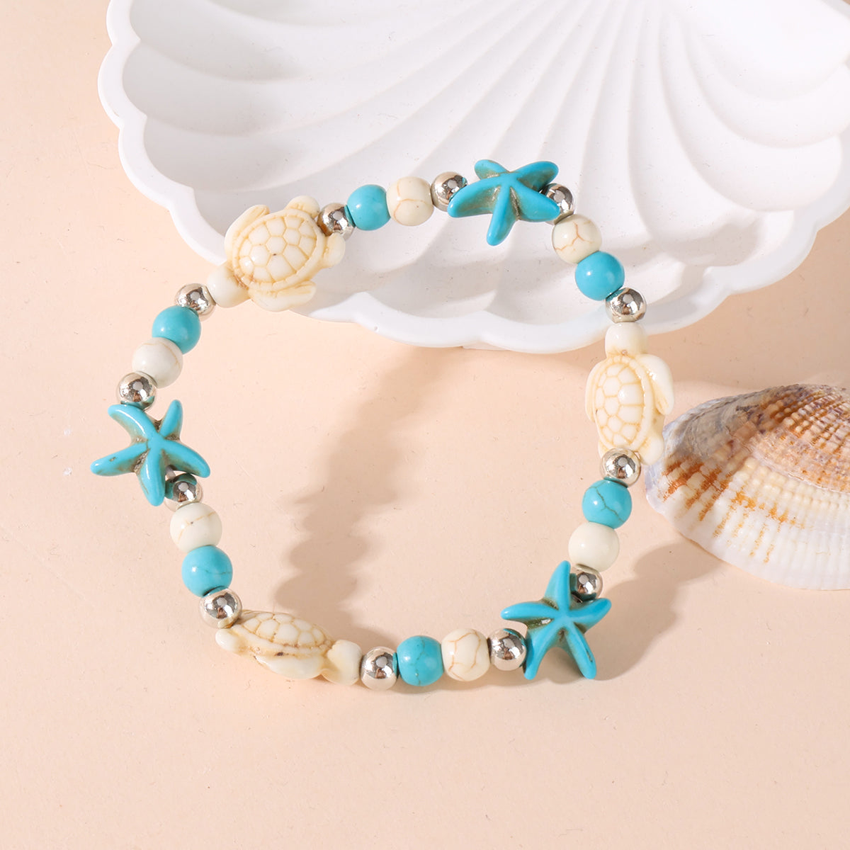 Unisex Marine Style Bracelet Featuring Tortoise Pattern And Turquoise Beads On Elastic String With Beaded Chain Craftsmanship