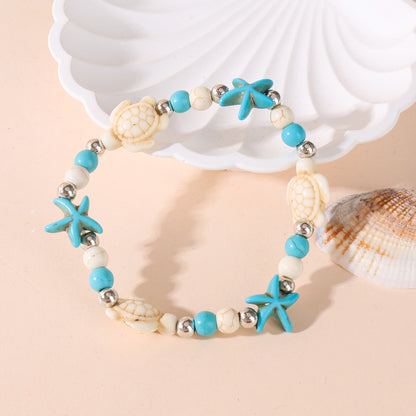 Unisex Marine Style Bracelet Featuring Tortoise Pattern And Turquoise Beads On Elastic String With Beaded Chain Craftsmanship