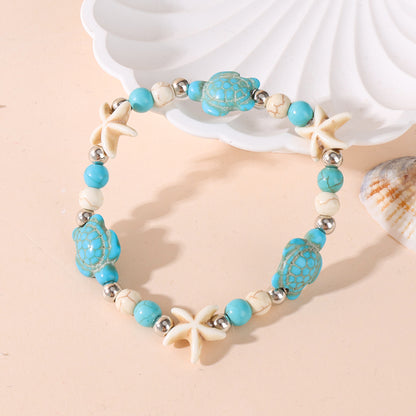 Unisex Marine Style Bracelet Featuring Tortoise Pattern And Turquoise Beads On Elastic String With Beaded Chain Craftsmanship