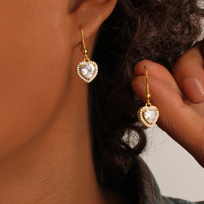 Heart Shape Light Green Drop Earrings For Women With Copper Posts, 304 Stainless Steel And Rhinestone Inlay