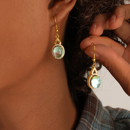 Heart Shape Light Green Drop Earrings For Women With Copper Posts, 304 Stainless Steel And Rhinestone Inlay