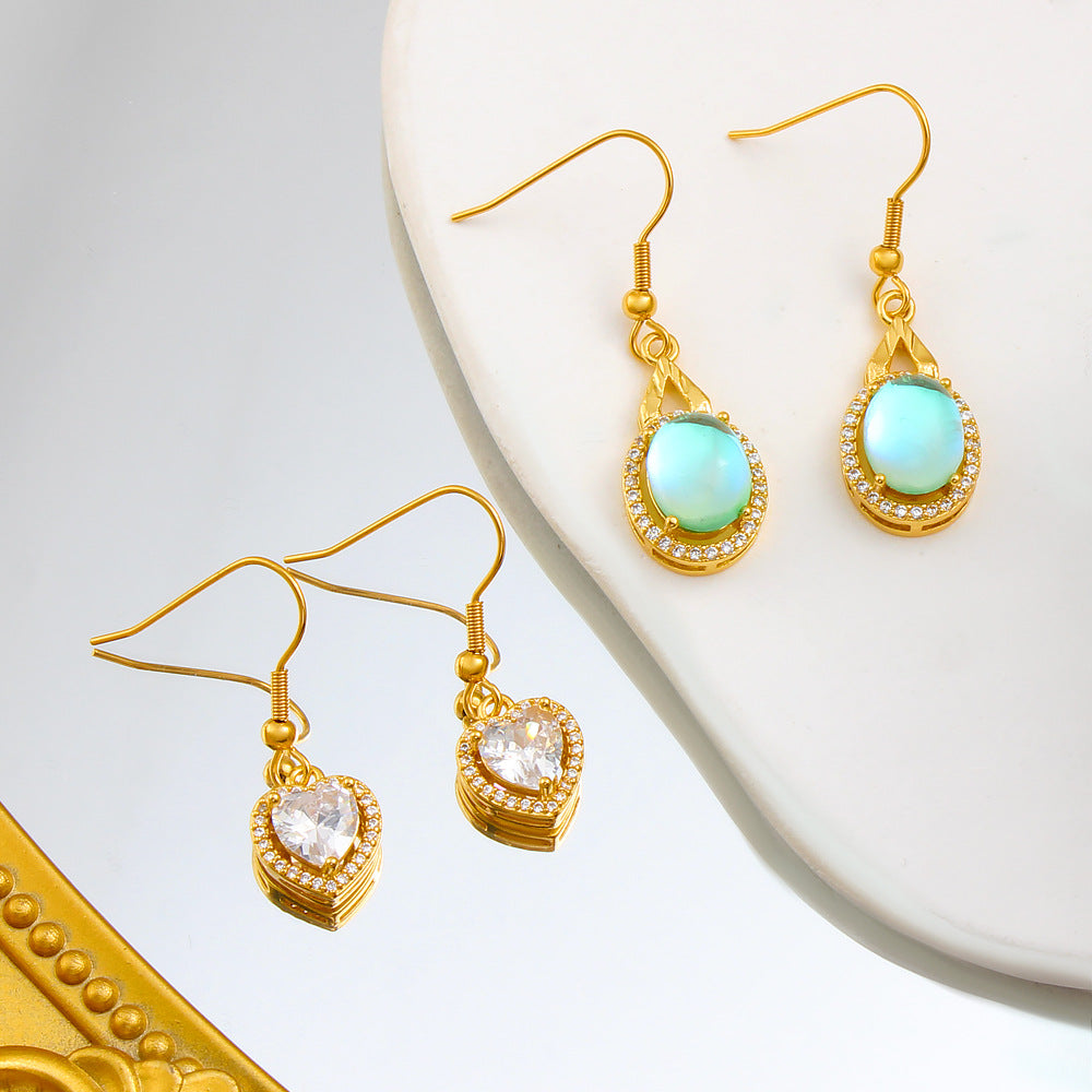 Heart Shape Light Green Drop Earrings For Women With Copper Posts, 304 Stainless Steel And Rhinestone Inlay