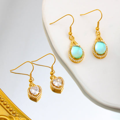 Heart Shape Light Green Drop Earrings For Women With Copper Posts, 304 Stainless Steel And Rhinestone Inlay