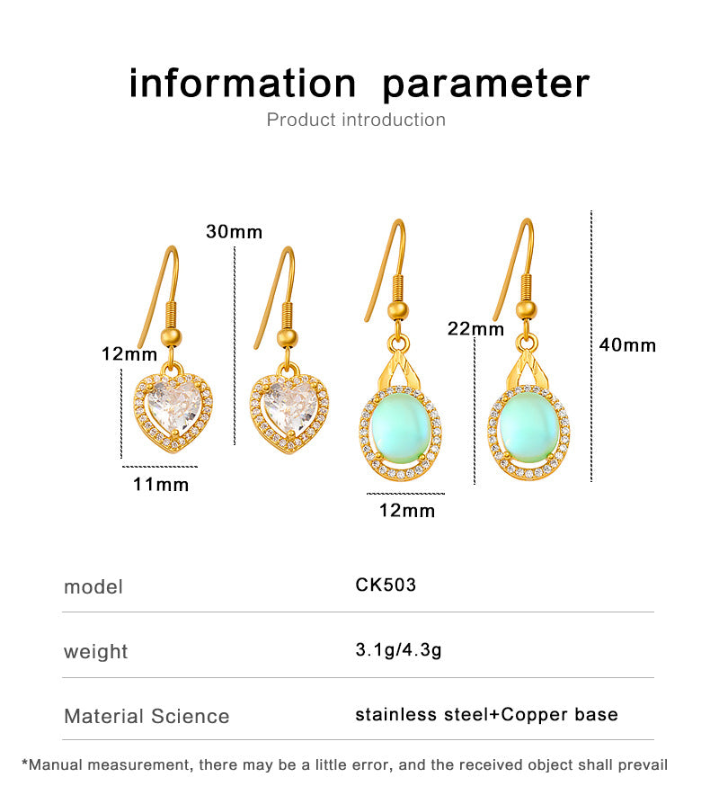 Heart Shape Light Green Drop Earrings For Women With Copper Posts, 304 Stainless Steel And Rhinestone Inlay