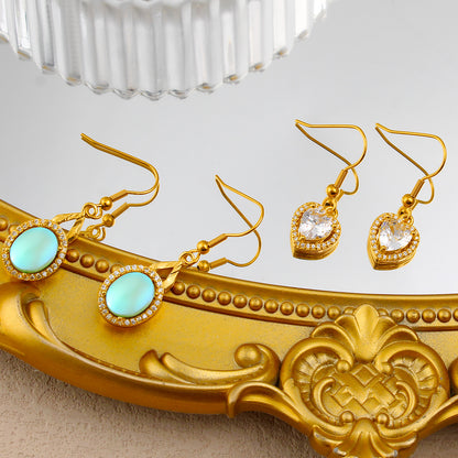 Heart Shape Light Green Drop Earrings For Women With Copper Posts, 304 Stainless Steel And Rhinestone Inlay