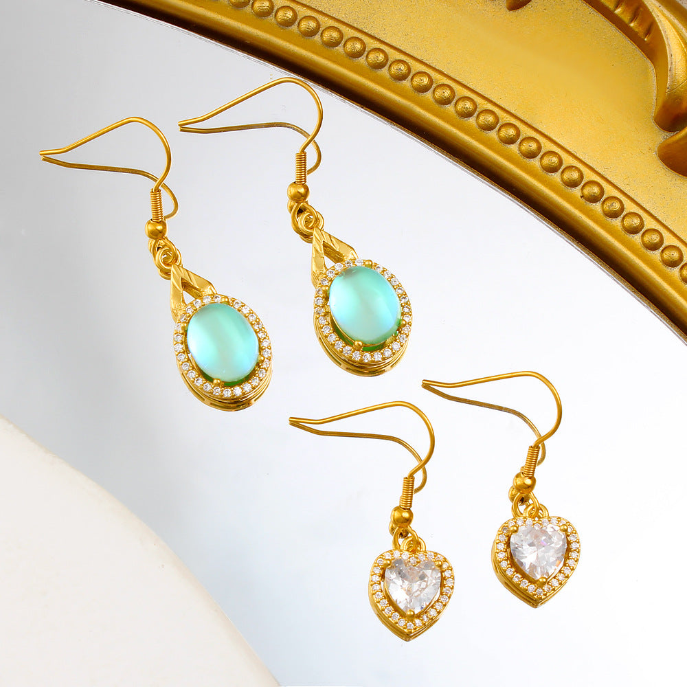 Heart Shape Light Green Drop Earrings For Women With Copper Posts, 304 Stainless Steel And Rhinestone Inlay