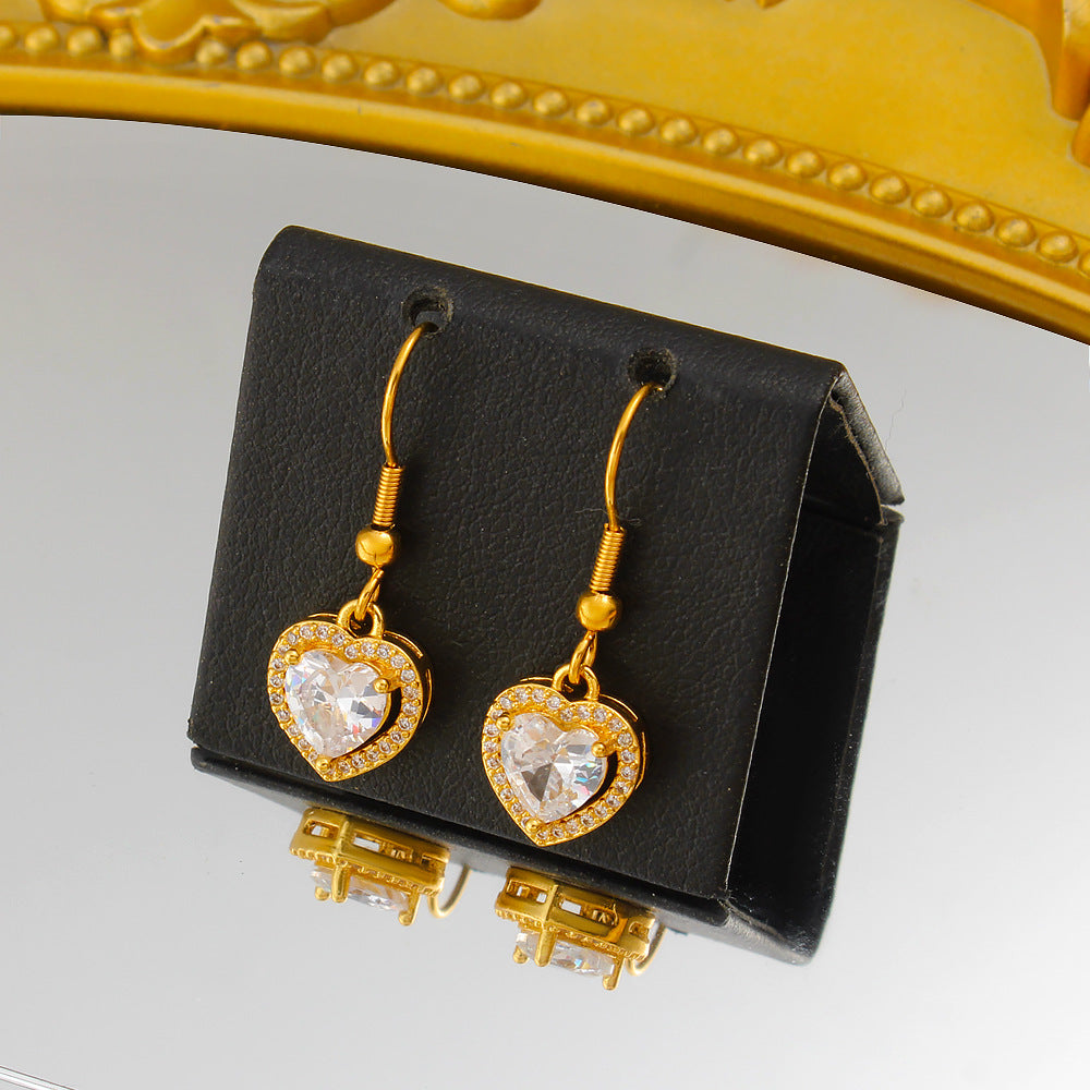 Heart Shape Light Green Drop Earrings For Women With Copper Posts, 304 Stainless Steel And Rhinestone Inlay