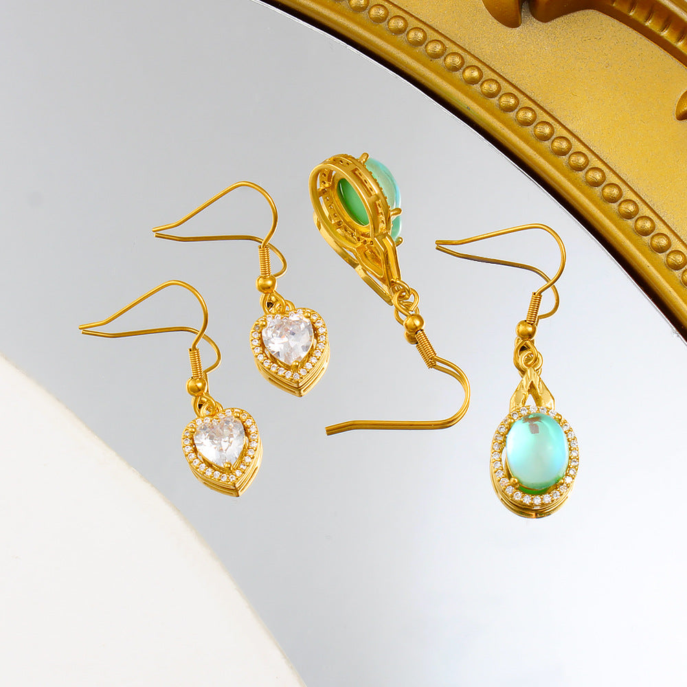 Heart Shape Light Green Drop Earrings For Women With Copper Posts, 304 Stainless Steel And Rhinestone Inlay