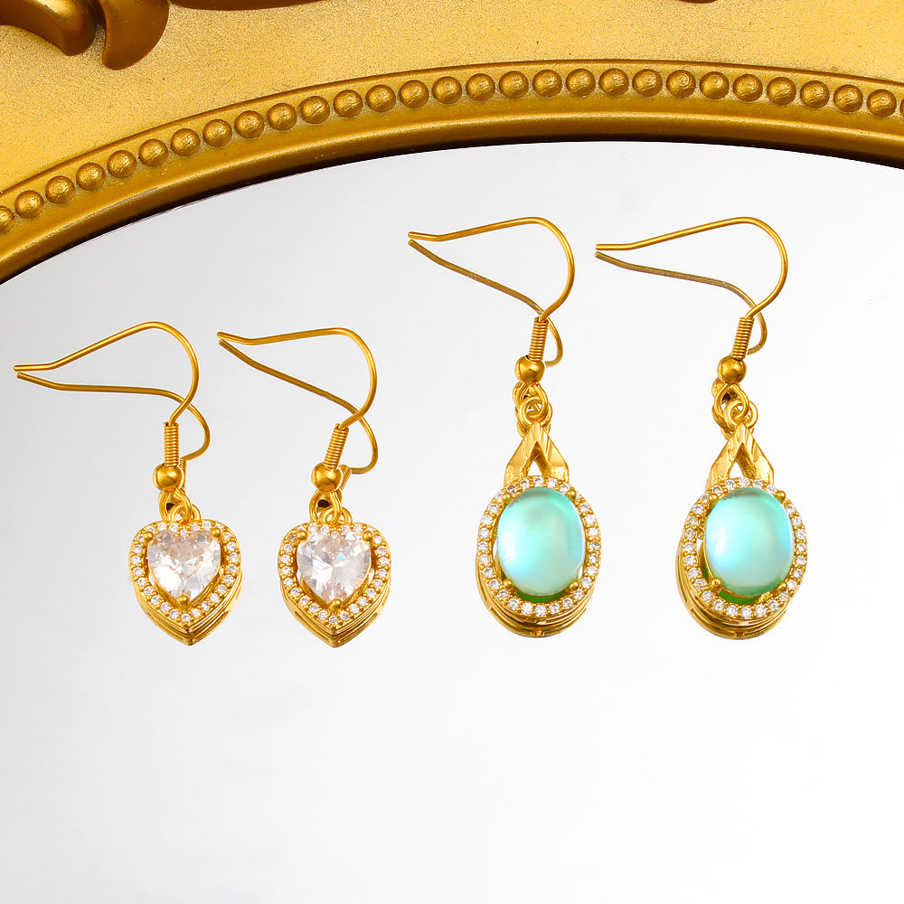 Heart Shape Light Green Drop Earrings For Women With Copper Posts, 304 Stainless Steel And Rhinestone Inlay