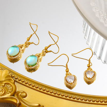 Heart Shape Light Green Drop Earrings For Women With Copper Posts, 304 Stainless Steel And Rhinestone Inlay