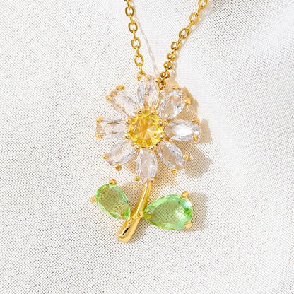Sunflower Gold Titanium Steel Necklace For Women With Zircon Inlay And Cable Chain In Pastoral Style