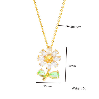Sunflower Gold Titanium Steel Necklace For Women With Zircon Inlay And Cable Chain In Pastoral Style