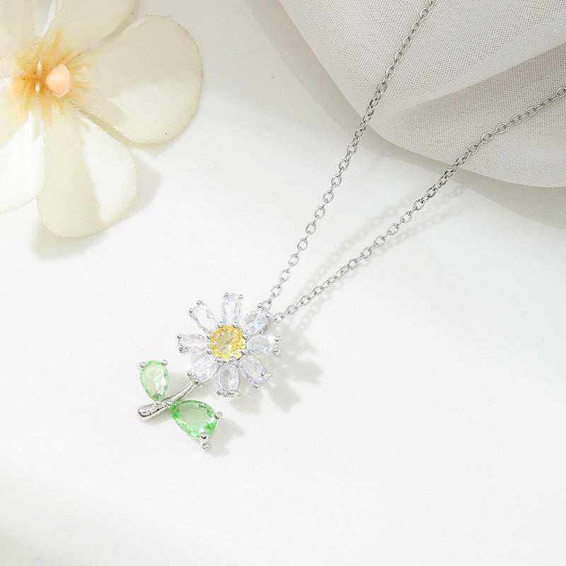 Sunflower Gold Titanium Steel Necklace For Women With Zircon Inlay And Cable Chain In Pastoral Style