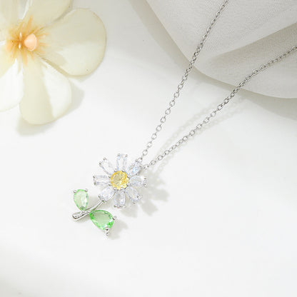 Sunflower Gold Titanium Steel Necklace For Women With Zircon Inlay And Cable Chain In Pastoral Style
