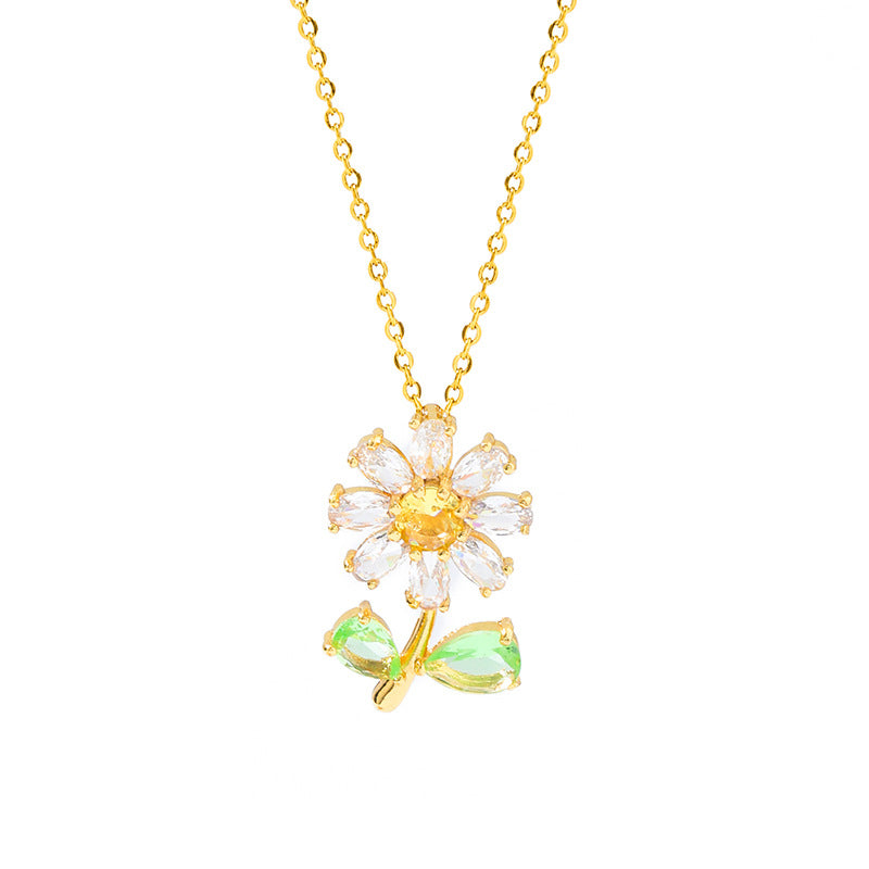 Sunflower Gold Titanium Steel Necklace For Women With Zircon Inlay And Cable Chain In Pastoral Style