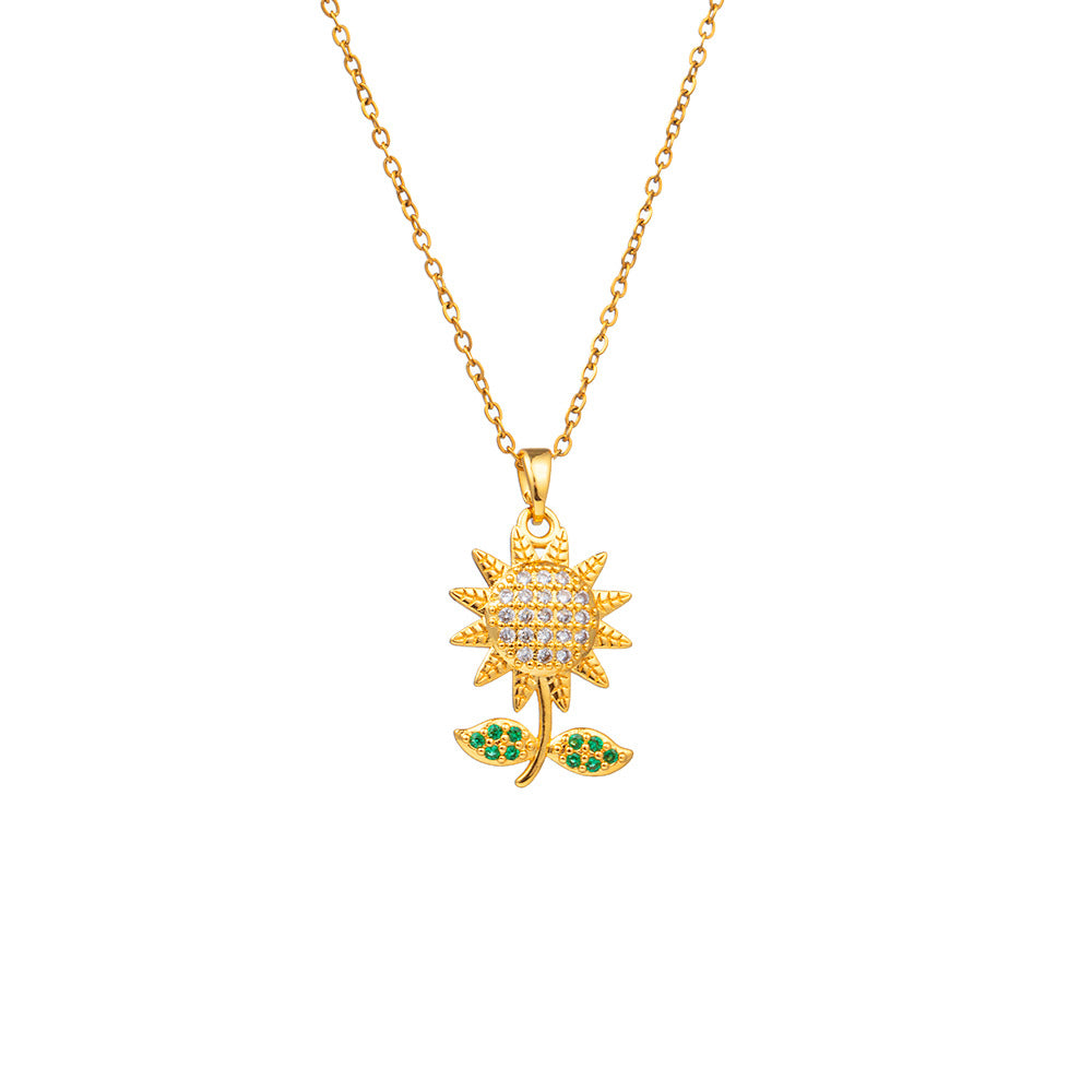 Sunflower Gold Titanium Steel Necklace For Women With Zircon Inlay And Cable Chain In Pastoral Style