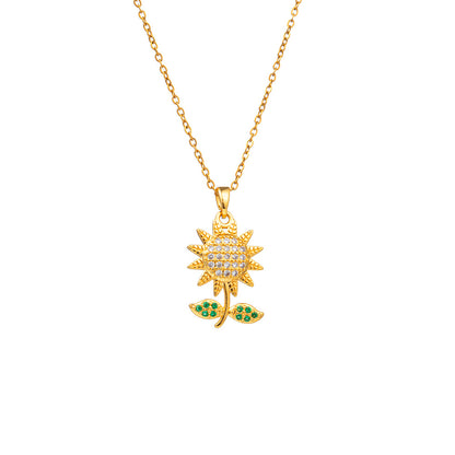 Sunflower Gold Titanium Steel Necklace For Women With Zircon Inlay And Cable Chain In Pastoral Style