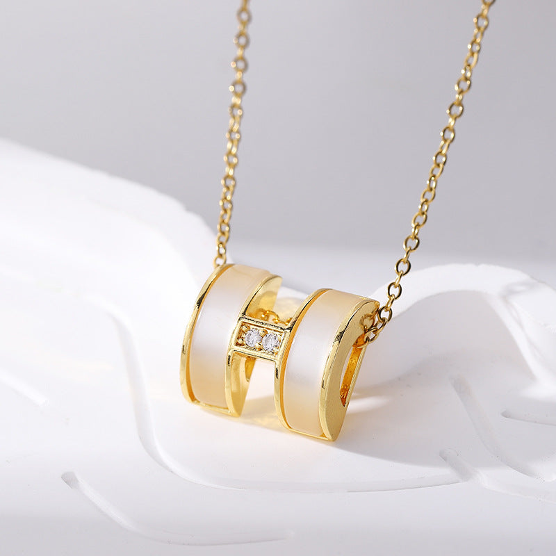 Elegant Gold Letter Necklace For Women In Titanium Steel With Cat's Eye Stone Inlay And Cable Chain