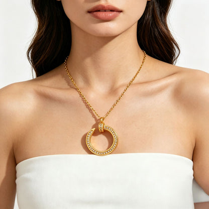 Luxurious Gold C Shape Choker Necklace In 304 Stainless Steel With Zircon Inlay And Copper Pendant, Perfect For Couples