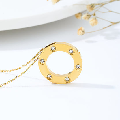 Round Rose Gold Necklace In Titanium Steel With Electroplated Finish, Featuring Cable Chain, Designed For Couples