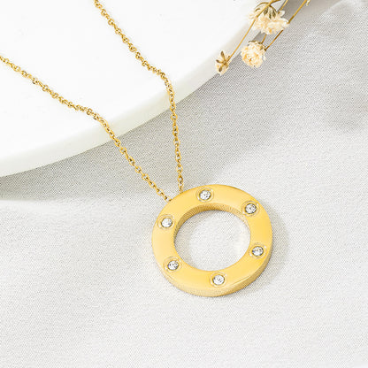 Round Rose Gold Necklace In Titanium Steel With Electroplated Finish, Featuring Cable Chain, Designed For Couples
