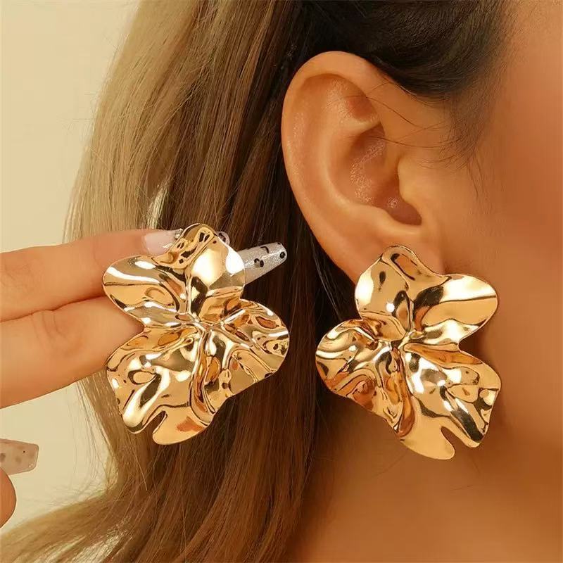 Gold Flowers Earrings For Women Featuring Iron Craft Folds With 304 Stainless Steel Stud Posts