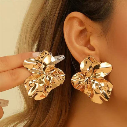 Gold Flowers Earrings For Women Featuring Iron Craft Folds With 304 Stainless Steel Stud Posts
