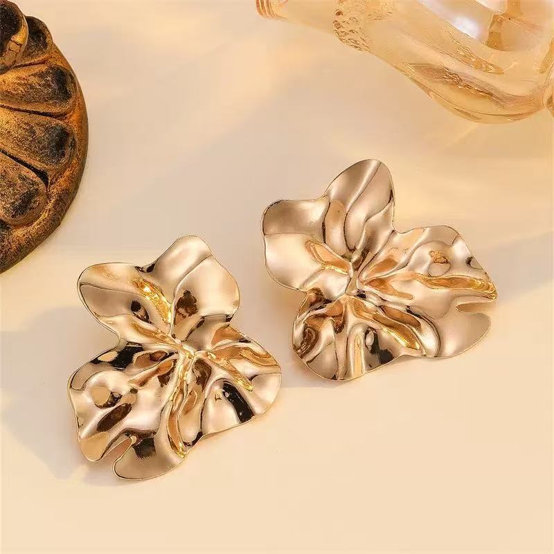 Gold Flowers Earrings For Women Featuring Iron Craft Folds With 304 Stainless Steel Stud Posts