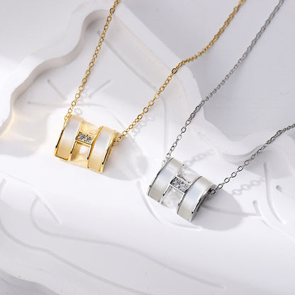 Elegant Gold Letter Necklace For Women In Titanium Steel With Cat's Eye Stone Inlay And Cable Chain