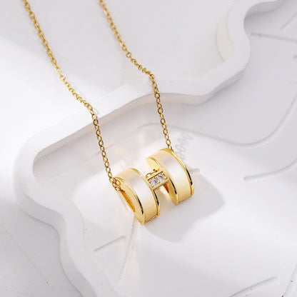 Elegant Gold Letter Necklace For Women In Titanium Steel With Cat's Eye Stone Inlay And Cable Chain