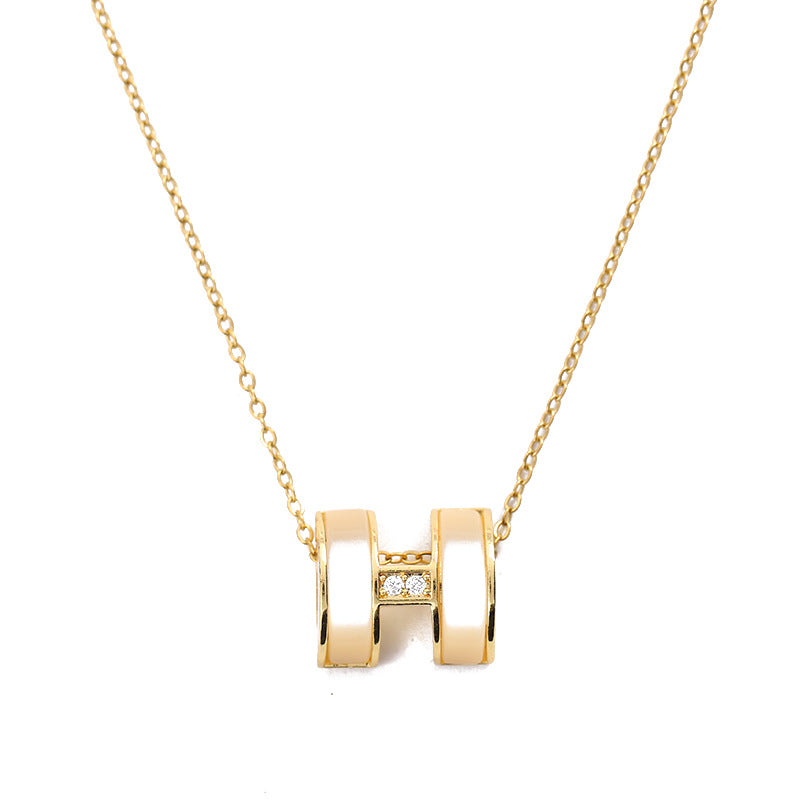 Elegant Gold Letter Necklace For Women In Titanium Steel With Cat's Eye Stone Inlay And Cable Chain