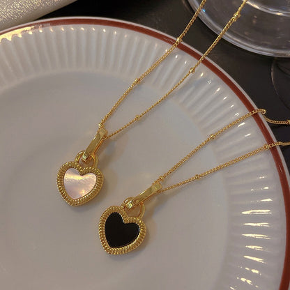 Elegant Heart Shape Necklace For Women In Black & White With 304 Stainless Steel And Shell Inlay On Ball Chain