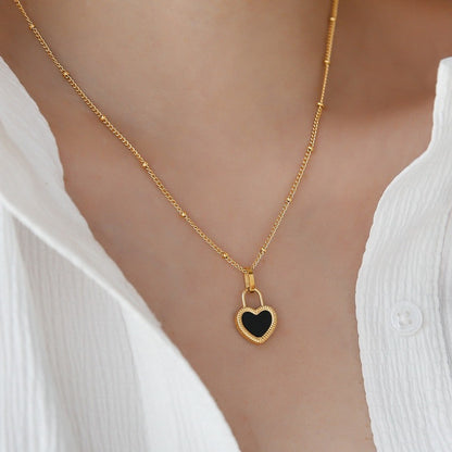 Elegant Heart Shape Necklace For Women In Black & White With 304 Stainless Steel And Shell Inlay On Ball Chain