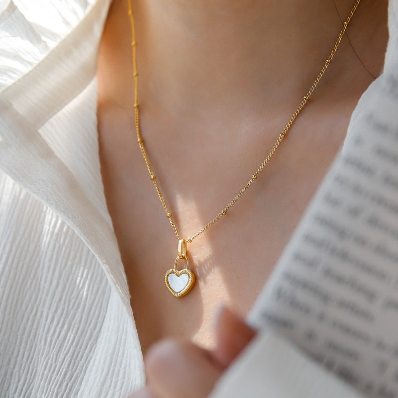 Elegant Heart Shape Necklace For Women In Black & White With 304 Stainless Steel And Shell Inlay On Ball Chain
