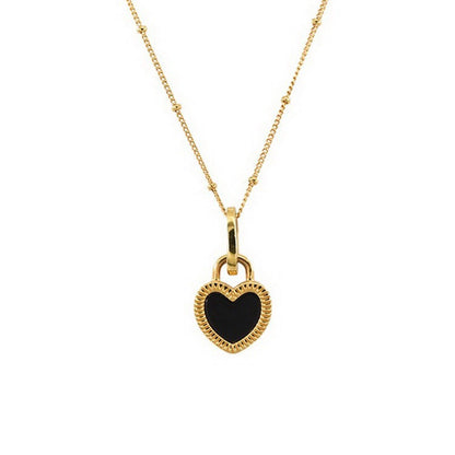 Elegant Heart Shape Necklace For Women In Black & White With 304 Stainless Steel And Shell Inlay On Ball Chain