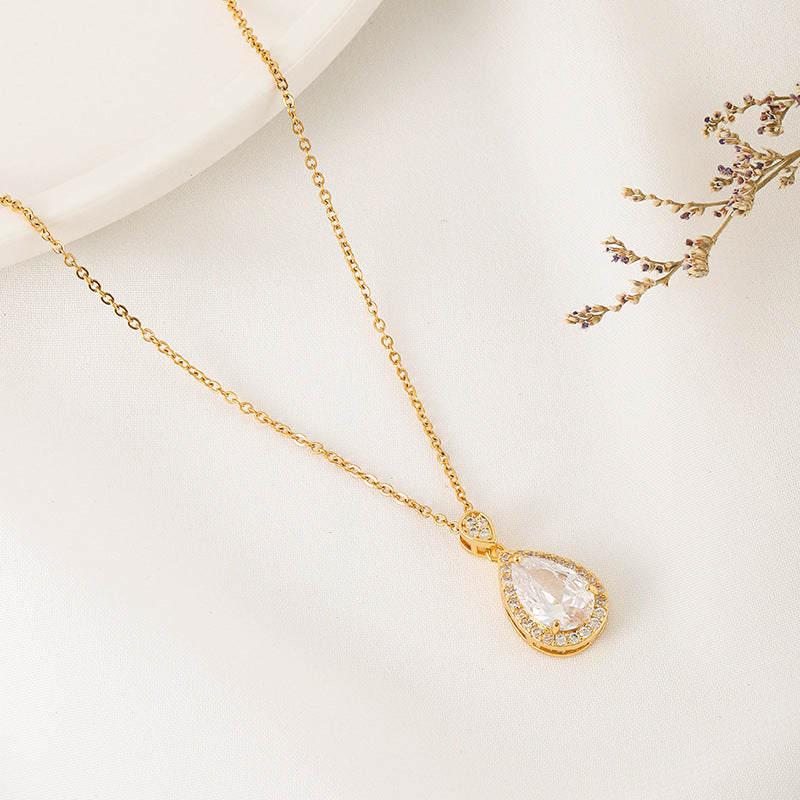 18K Real Gold Plated Water Droplets Pendant Necklace For Women In Titanium Steel With Zircon Inlay And Cable Chain