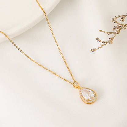 18K Real Gold Plated Water Droplets Pendant Necklace For Women In Titanium Steel With Zircon Inlay And Cable Chain