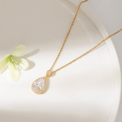 18K Real Gold Plated Water Droplets Pendant Necklace For Women In Titanium Steel With Zircon Inlay And Cable Chain