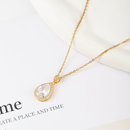 18K Real Gold Plated Water Droplets Pendant Necklace For Women In Titanium Steel With Zircon Inlay And Cable Chain
