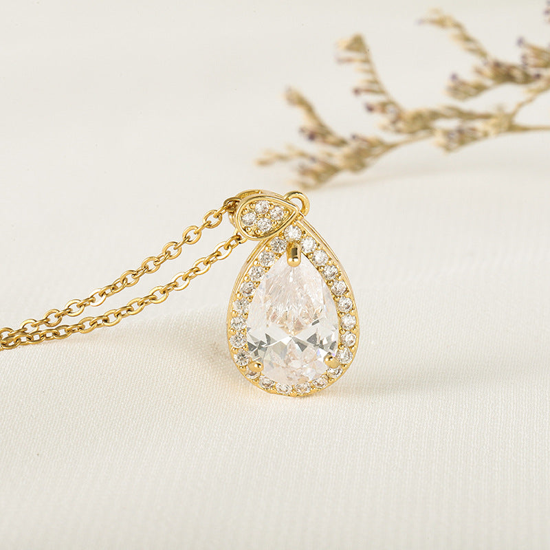 18K Real Gold Plated Water Droplets Pendant Necklace For Women In Titanium Steel With Zircon Inlay And Cable Chain