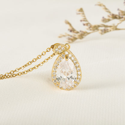 18K Real Gold Plated Water Droplets Pendant Necklace For Women In Titanium Steel With Zircon Inlay And Cable Chain