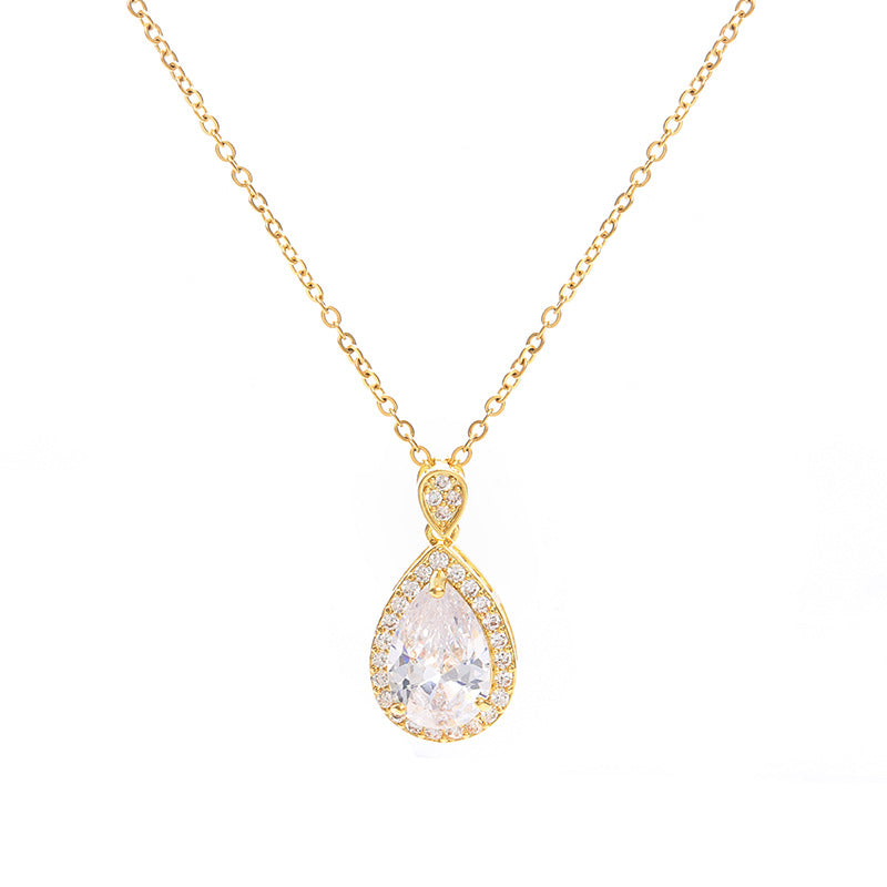 18K Real Gold Plated Water Droplets Pendant Necklace For Women In Titanium Steel With Zircon Inlay And Cable Chain