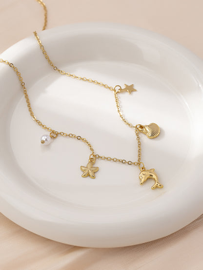 Bohemian Three-dimensional Starfish Necklace For Women With Golden Plated Zinc Alloy And Foxtail Chain