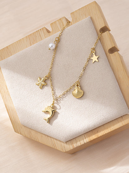Bohemian Three-dimensional Starfish Necklace For Women With Golden Plated Zinc Alloy And Foxtail Chain