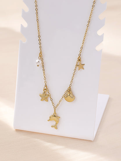 Bohemian Three-dimensional Starfish Necklace For Women With Golden Plated Zinc Alloy And Foxtail Chain