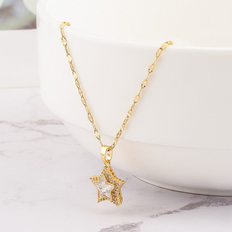 Pentagram Ethnic Style Necklace For Women In Titanium Steel With Zircon Inlay And Bezel Setting, Featuring Coffee Bean Chain