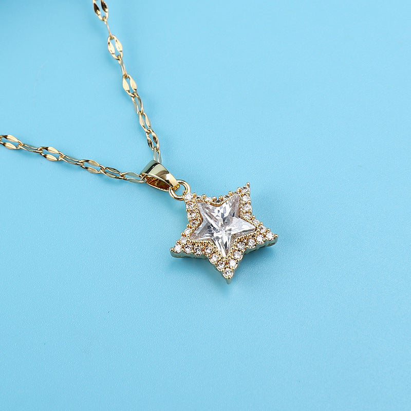 Pentagram Ethnic Style Necklace For Women In Titanium Steel With Zircon Inlay And Bezel Setting, Featuring Coffee Bean Chain