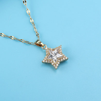 Pentagram Ethnic Style Necklace For Women In Titanium Steel With Zircon Inlay And Bezel Setting, Featuring Coffee Bean Chain