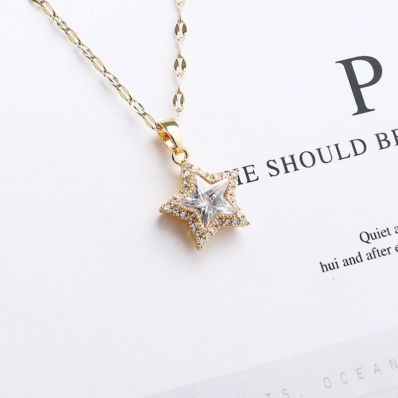Pentagram Ethnic Style Necklace For Women In Titanium Steel With Zircon Inlay And Bezel Setting, Featuring Coffee Bean Chain